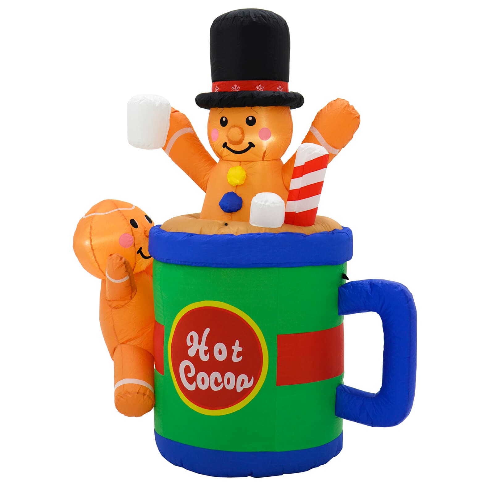 Large inflatable Christmas decoration gingerbread man in hot cocoa cup with marshmallows and candy stick